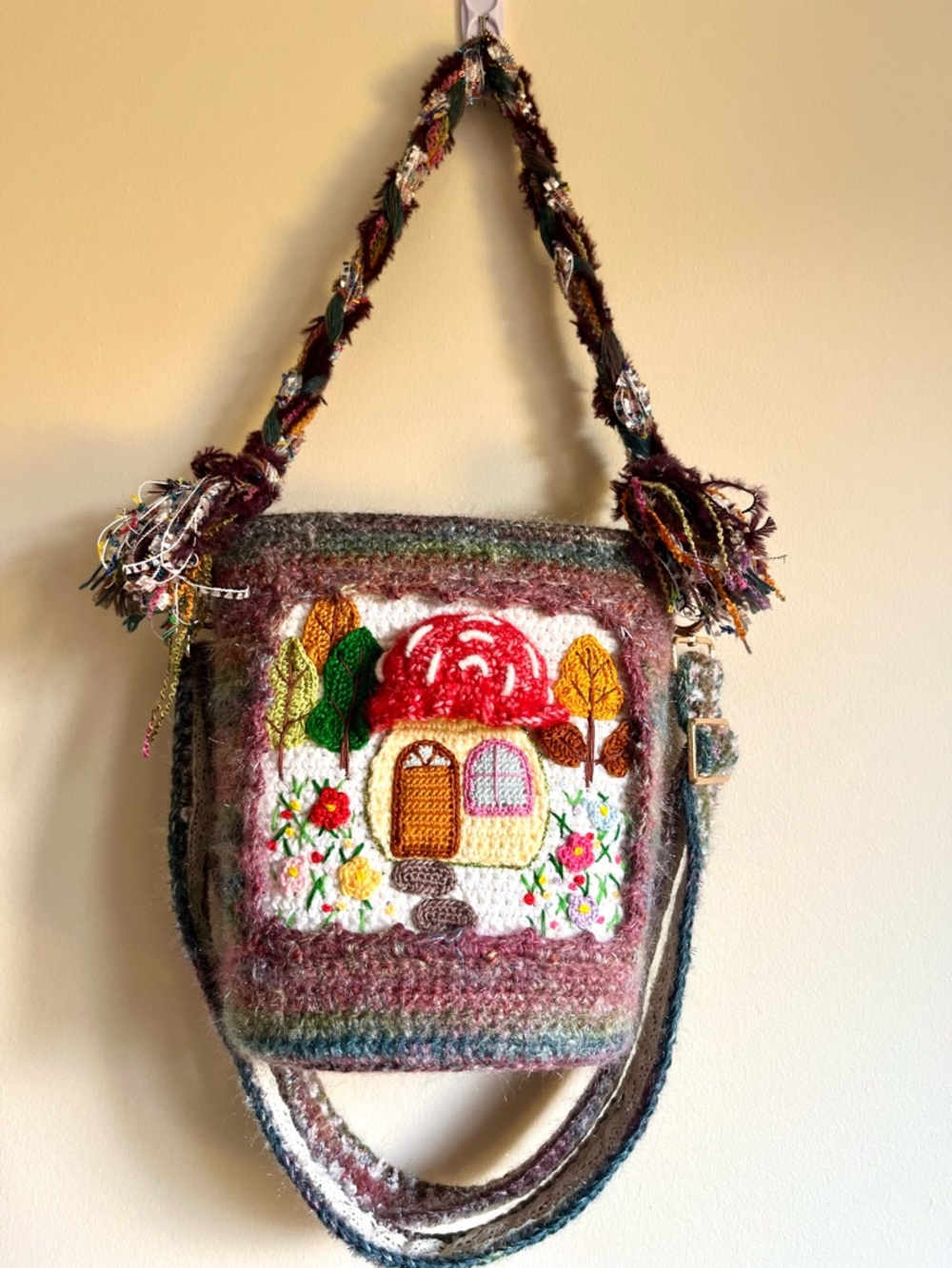 Handcrafted Multicolor Wool Crossbody Bag with Embroidered Cottage